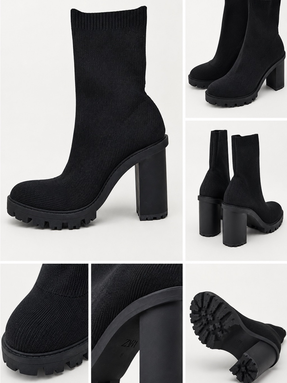 Zara Black Knit Lug-Sole Block Heel Sock Boots